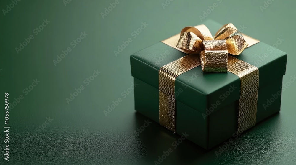 Elegant green gift box adorned with a golden ribbon resting on a green surface Elegant green gift box adorned with a golden ribbon resting on a green surface