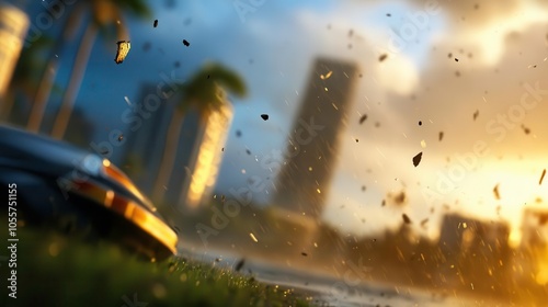 Dramatic urban scene showing debris and vehicles under stormy weather conditions. photo