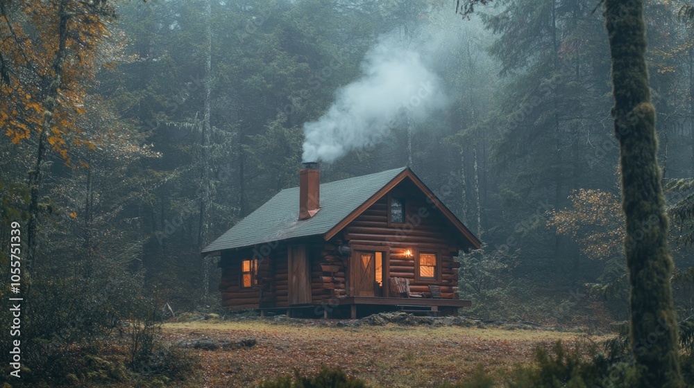 Charming cabin surrounded by foggy woods with smoke curling from the chimney Charming cabin surrounded by foggy woods with smoke curling from the chimney