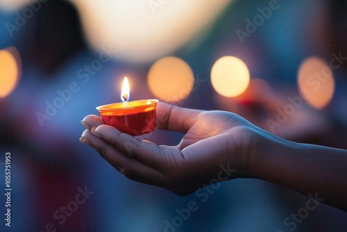 Hand holding a lit festive oil lamp in celebration. photo