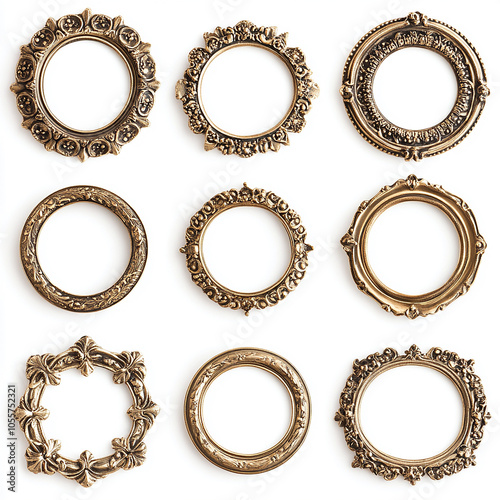 circle and flower shaped gold vintage luxury frames set on white background