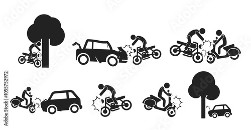 Bundle set pictogram car crash, bike collision, road accident, hit the tree vehicle