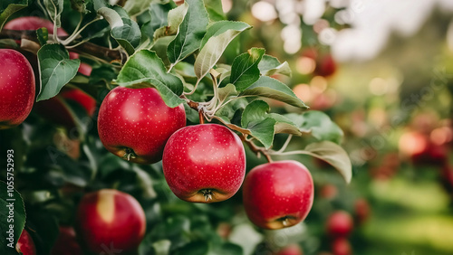 Red apples on apple tree ready to be harvested. Ripe red apple fruits in apple farm.