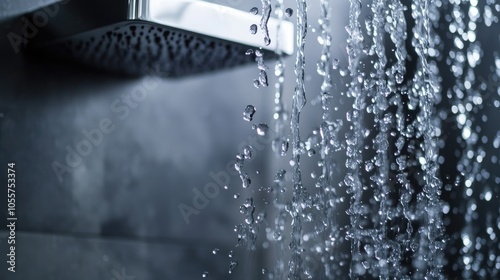 Contemporary shower featuring cascading water droplets in a bathroom close up view photo