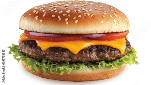 Juicy hamburger topped with cheese lettuce tomato and onion served on a sesame seed bun