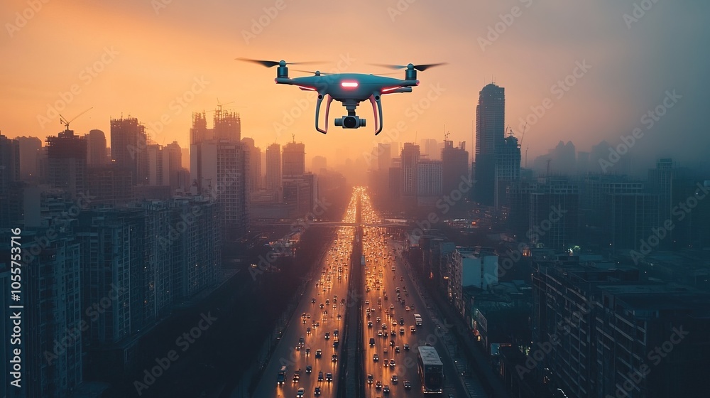 A smart city powered by IoT, where self-driving cars and drones dominate the sky A smart city powered by IoT, where self-driving cars and drones dominate the sky
