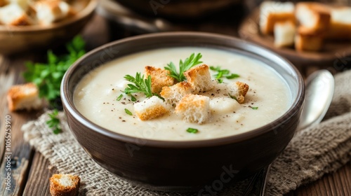 Delicious creamy soup garnished with croutons presented on a rustic wooden table