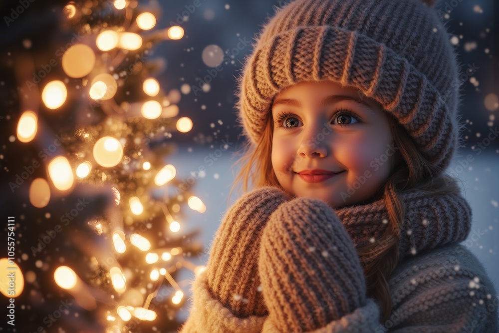 Joyful winter evening with warmly dressed child near a christmas tree Joyful winter evening with warmly dressed child near a christmas tree
