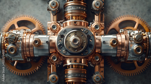 A Mesmerizing Overhead Perspective of Intertwined Copper and Brass Gears on a Matte Gray Concrete Surface Blending Vintage Machinery and Modern Design