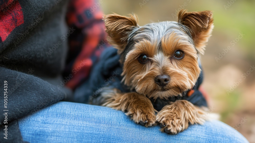 Charming small dog resting on its owner s lap Charming small dog resting on its owner s lap