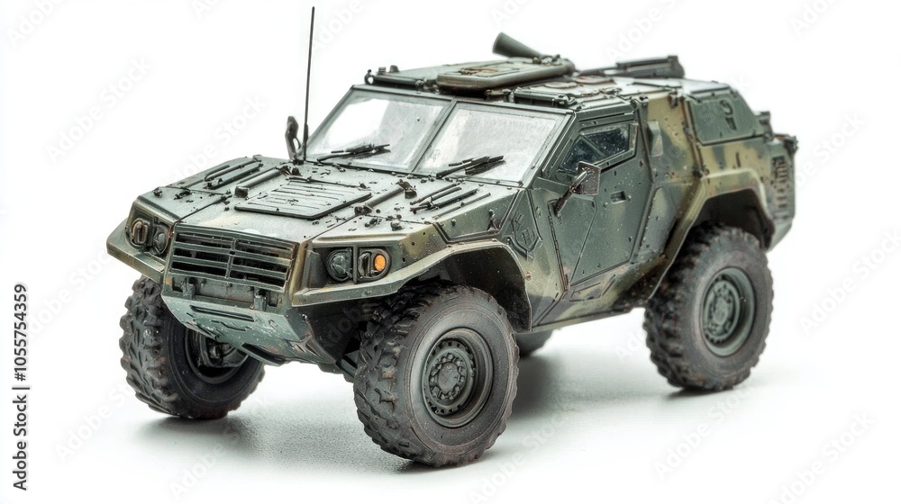 Plastic Model Of A Military Toy Car Isolated On White Background Plastic Model Of A Military Toy Car Isolated On White Background
