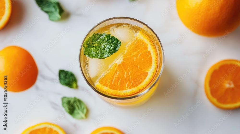 Top view of a refreshing citrus infused drink in a glass on a bright surface Top view of a refreshing citrus infused drink in a glass on a bright surface