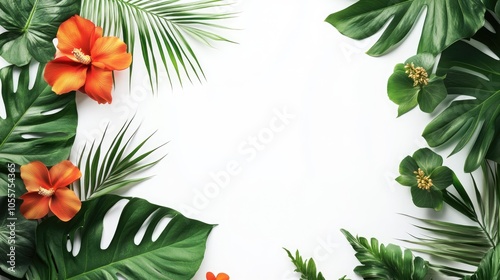 Fresh tropical green leaves and vibrant flowers set against a clean white background