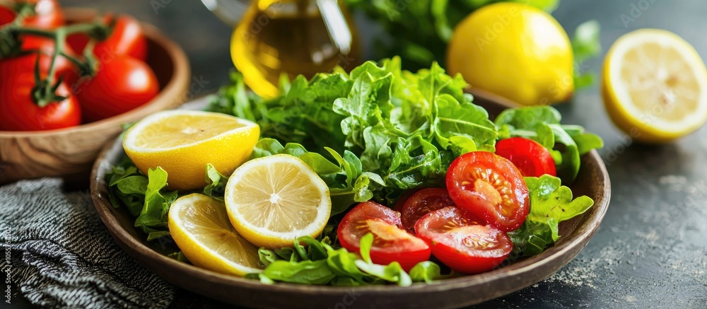 Mix Of Fresh Salad Leaves In A Plate Tomatoes Lemon And Olive Oil For Salad Preparation Mix Of Fresh Salad Leaves In A Plate Tomatoes Lemon And Olive Oil For Salad Preparation