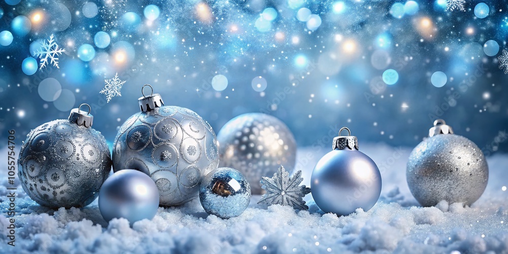 Celebrate Winter Magic with Colorful Silver Balls on a Blue-Silver Background for a Festive Atmosphere Celebrate Winter Magic with Colorful Silver Balls on a Blue-Silver Background for a Festive Atmosphere
