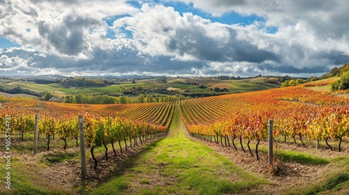 A breathtaking panorama of a vibrant fertile vineyard