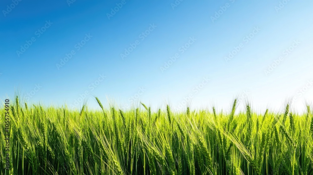 Vibrant green wheat fields swaying gently in the breeze under a clear blue sky Vibrant green wheat fields swaying gently in the breeze under a clear blue sky