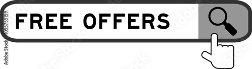 Search banner in word free offers with hand over magnifier icon on white background