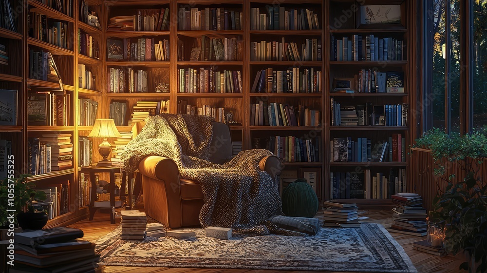 Cozy Living Room with Bookshelves and Warm Lighting Cozy Living Room with Bookshelves and Warm Lighting