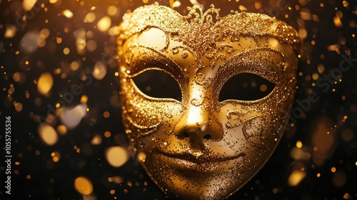 Golden Carnival mask against a dark backdrop with sparkles embodying a festive theme Ideal for creative copy and design purposes photo