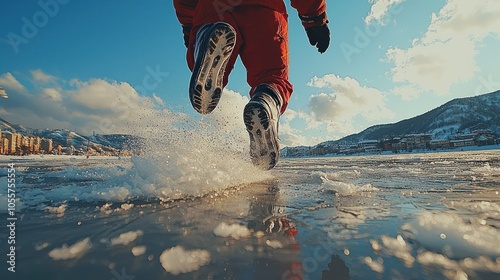 Low Angle View of Person Running on Frozen Lake photo