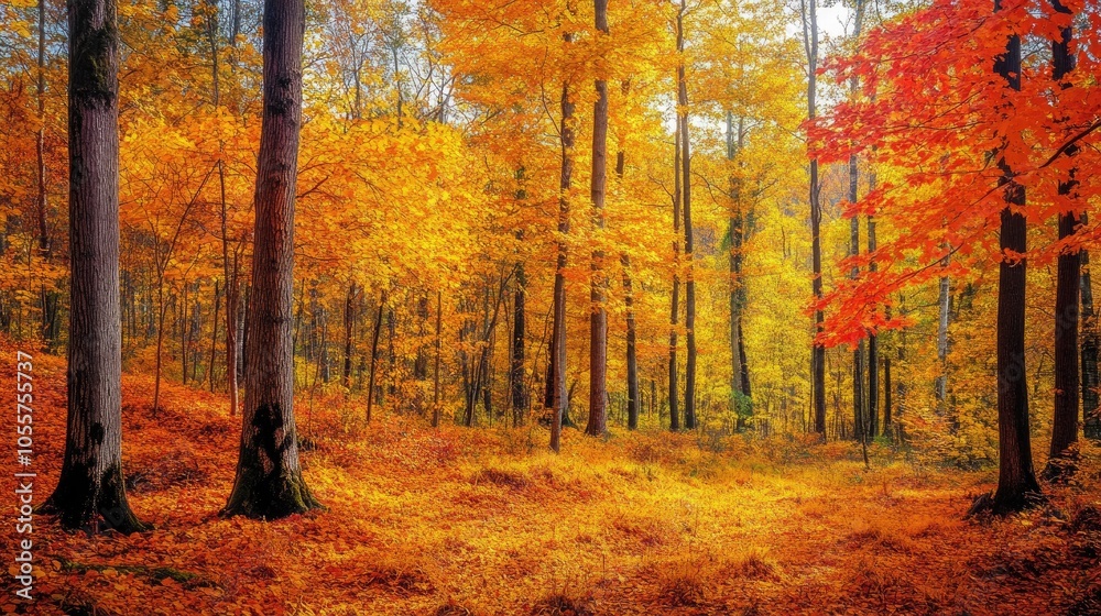 Obraz premium Autumn forest showcasing vibrant orange and yellow foliage
