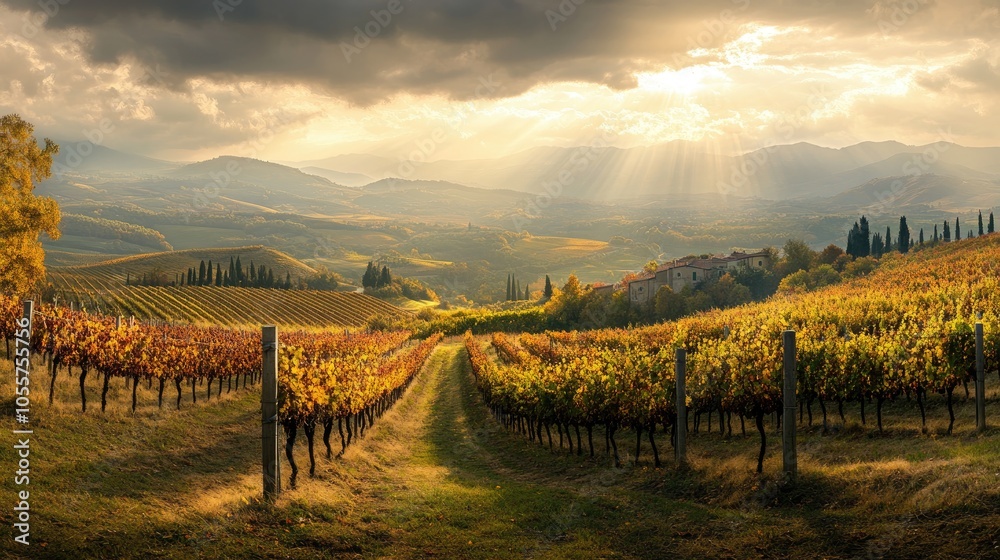Fototapeta premium A breathtaking panorama of a vibrant fertile vineyard