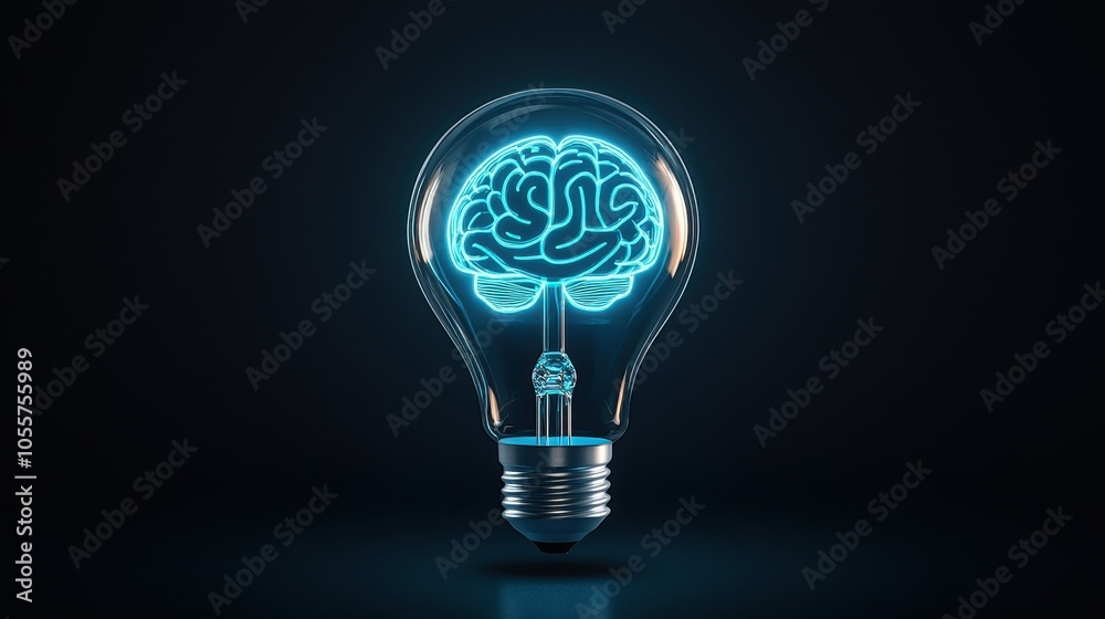 A glowing light bulb contains a brain design, symbolizing innovation, creativity, and intelligence against a dark background. A glowing light bulb contains a brain design, symbolizing innovation, creativity, and intelligence against a dark background.