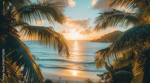 Fototapeta Naklejka Na Ścianę i Meble -  The sunrise over the ocean with beach, looking through beautiful lush palm trees.