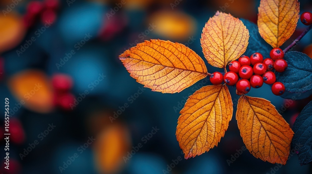 Red Berries and Yellow Leaves on a Branch in Autumn Red Berries and Yellow Leaves on a Branch in Autumn