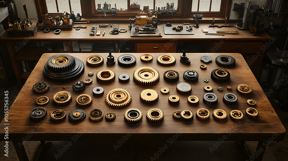 Top-down View of Intricately Crafted Bronze Gears on Rustic Workbench for Mechanical Engineering Visuals Top-down View of Intricately Crafted Bronze Gears on Rustic Workbench for Mechanical Engineering Visuals