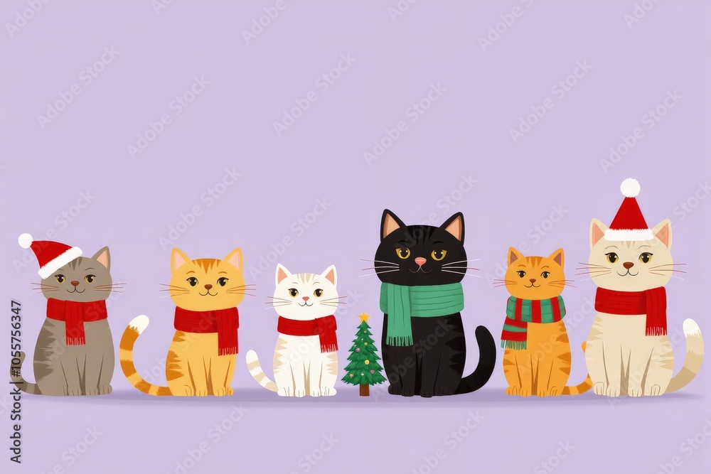 Fototapeta premium Adorable christmas cats in festive hats and scarves celebrating the holiday season