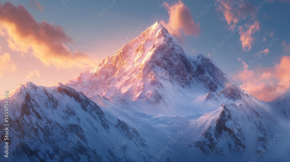 Summit of a snow covered mountain illuminated by the warm morning light soaring into the sky Summit of a snow covered mountain illuminated by the warm morning light soaring into the sky