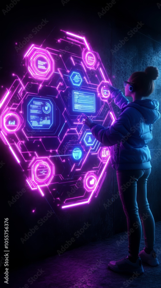 Obraz premium Person interacting with futuristic digital interface in neon colors.