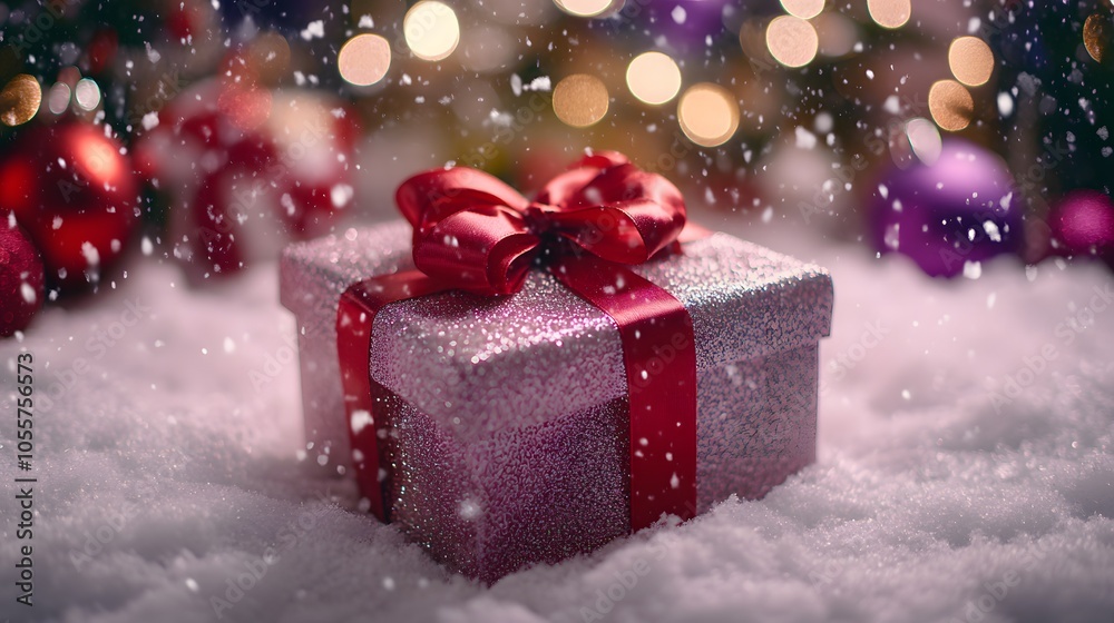 Silver glitter gift box with red ribbon bow photographed on snow with soft purple bokeh background, creating magical holiday atmosphere. Silver glitter gift box with red ribbon bow photographed on snow with soft purple bokeh background, creating magical holiday atmosphere.