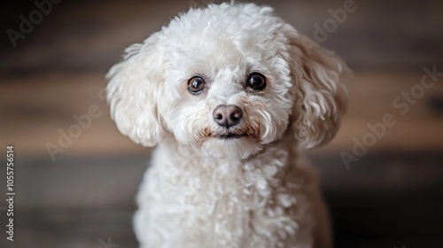 A white toy poodle gazing directly at the camera