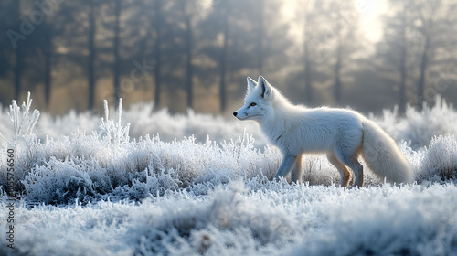 A Breathtaking National Geographic Style Capture of a Curious White Fox in a Snowy Winter Landscape Adorned with Frosty Trees