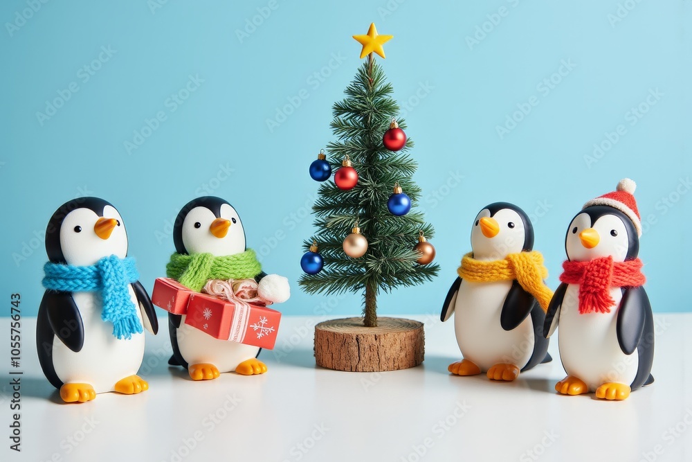 Festive penguins celebrating around christmas tree with gifts and decorations for holiday display Festive penguins celebrating around christmas tree with gifts and decorations for holiday display