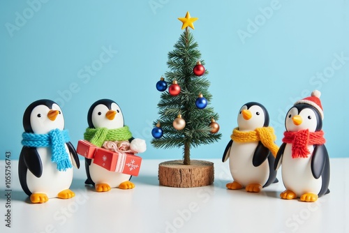 Festive penguins celebrating around christmas tree with gifts and decorations for holiday display photo