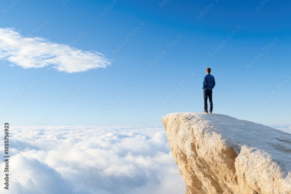 Man Standing on Edge of Cloudy Mountain Cliff Man Standing on Edge of Cloudy Mountain Cliff