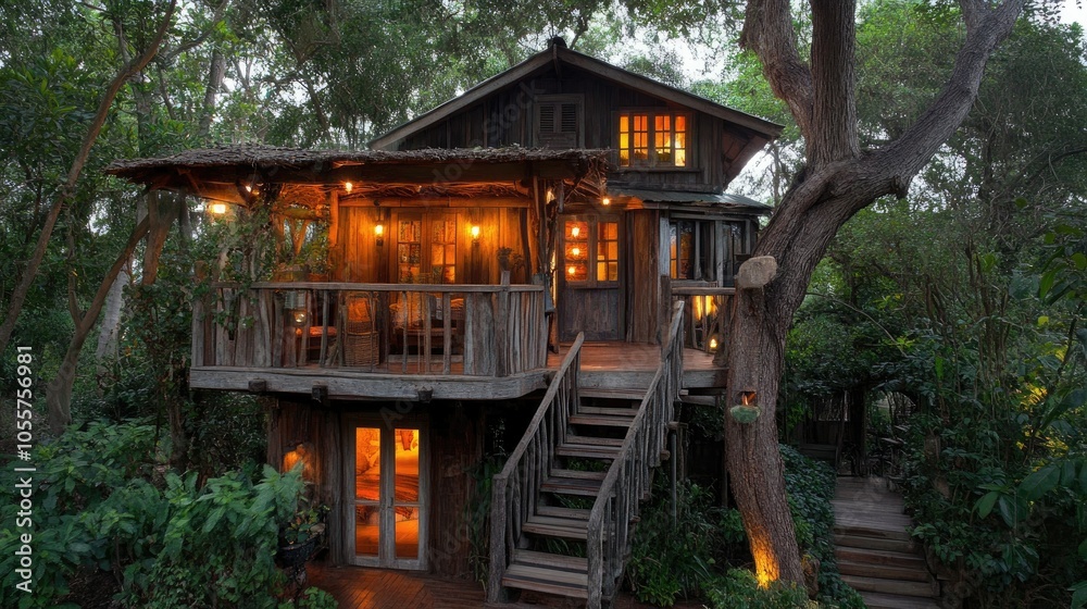 Cabin surrounded by trees, unique accommodation blending nature with rustic charm Cabin surrounded by trees, unique accommodation blending nature with rustic charm