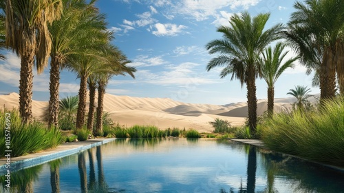 A serene oasis featuring palm trees and a peaceful pool that mirrors the nearby sand dunes