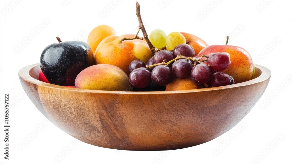 Wooden bowl filled with assorted fruits on a white background Wooden bowl filled with assorted fruits on a white background