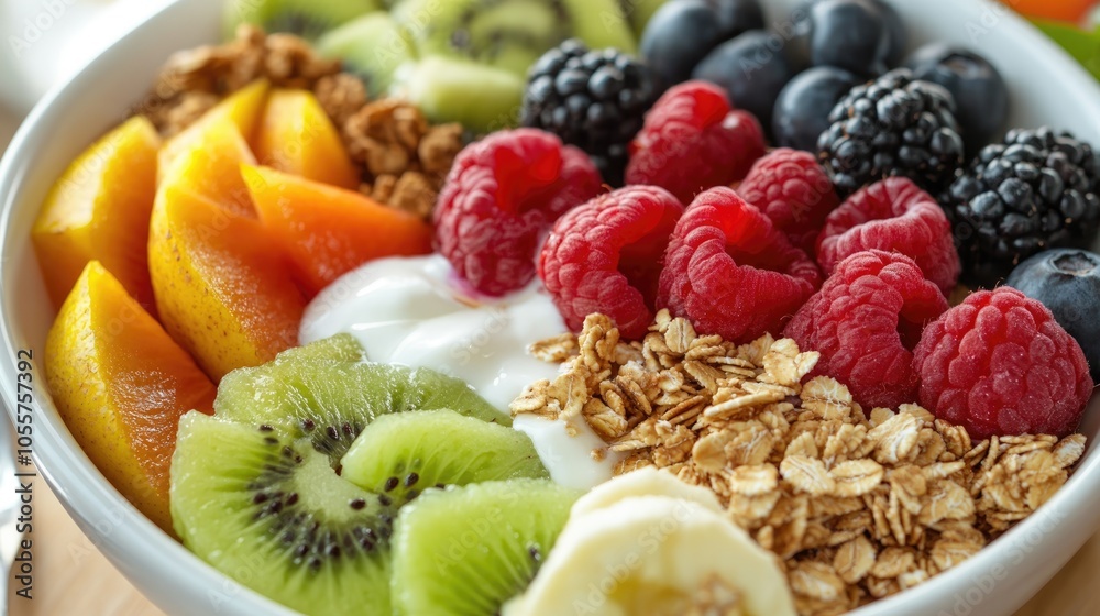 Vibrant Breakfast Spread Fresh Fruits Accompanied by Yogurt and Granola Vibrant Breakfast Spread Fresh Fruits Accompanied by Yogurt and Granola