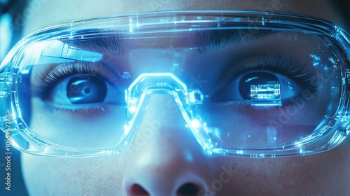 Close-Up of Woman’s Eye with Futuristic Glasses and Laser Beam, High-Tech Concept