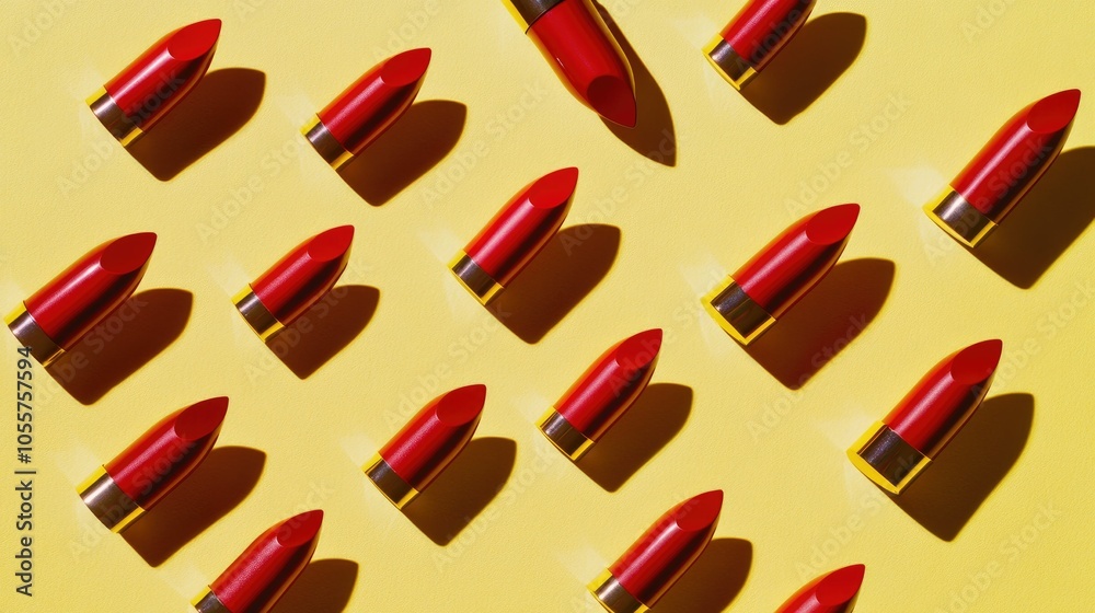 Collection of red lipsticks on a pastel yellow background; vibrant and bold, perfect for a beauty theme Collection of red lipsticks on a pastel yellow background; vibrant and bold, perfect for a beauty theme