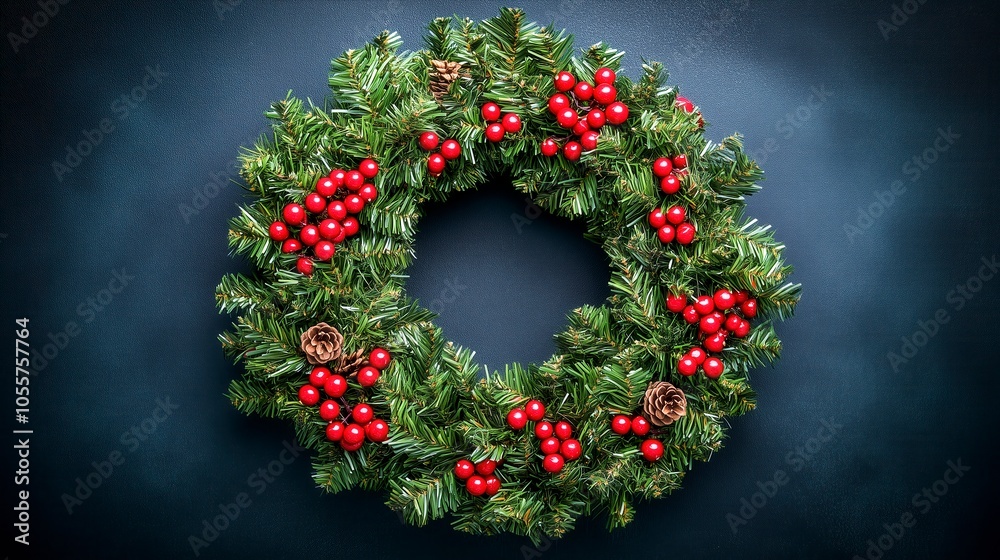 Festive Holiday Wreath Adorned With Red Berries and Pinecones Against a Dark Background Festive Holiday Wreath Adorned With Red Berries and Pinecones Against a Dark Background