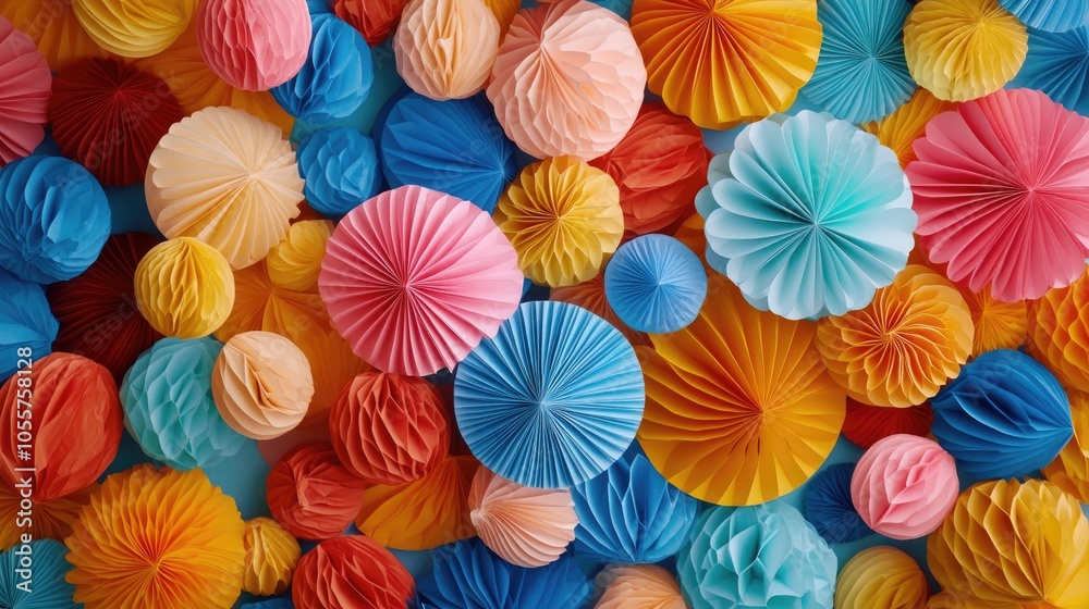 Vibrant festive backdrop featuring colorful paper balls perfect for greeting cards birthday celebrations invitations and carnival themes Flat lay perspective Vibrant festive backdrop featuring colorful paper balls perfect for greeting cards birthday celebrations invitations and carnival themes Flat lay perspective