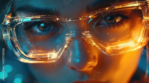 Close-Up of Woman’s Eye with Futuristic Glasses and Laser Beam, High-Tech Concept