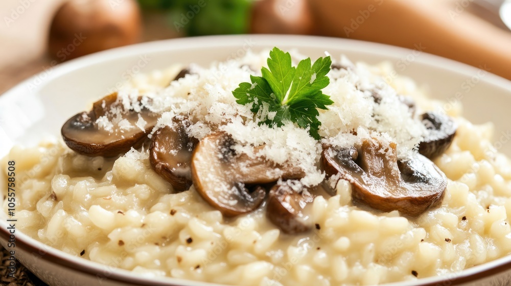 Creamy Italian mushroom risotto topped with parmesan cheese Creamy Italian mushroom risotto topped with parmesan cheese